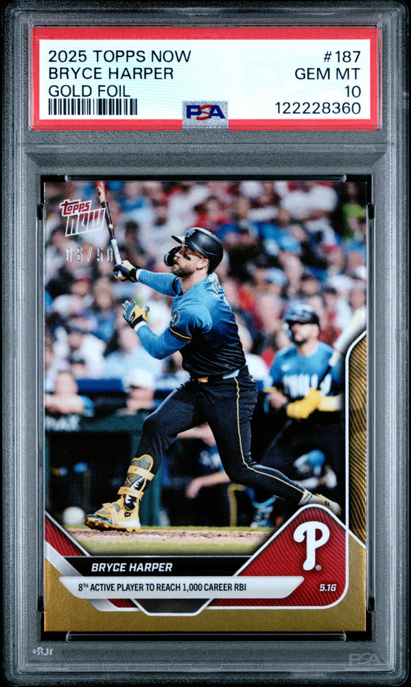 Graded 2025 Topps Now Bryce Harper #187 Gold Foil /50 Baseball Card PSA 10 Gem Mint (ONLINE ORDER ONLY)