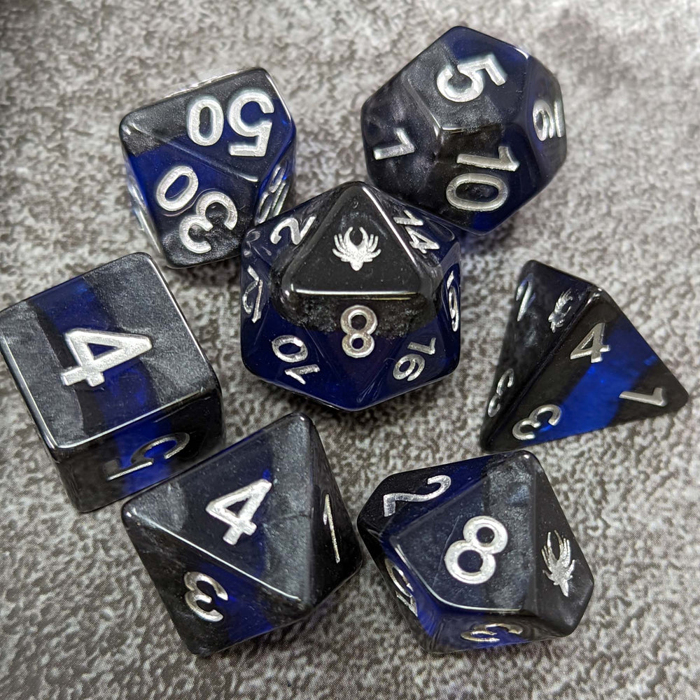 Forgotten Sapphire - 7 Piece DnD Dice Set | Acrylic RPG Gaming Dice (ONLINE ORDER ONLY)