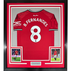 Framed Autographed/Signed Bruno Fernandes 35x39 Manchester United Red Soccer Jersey Beckett BAS COA