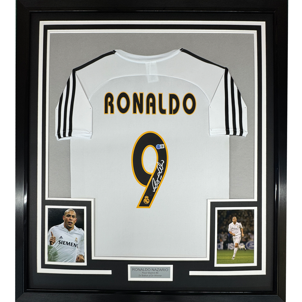 Framed Autographed/Signed Ronaldo Nazario 35x39 Real Madrid White Soccer Jersey Beckett BAS COA