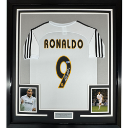 Framed Autographed/Signed Ronaldo Nazario 35x39 Real Madrid White Soccer Jersey Beckett BAS COA