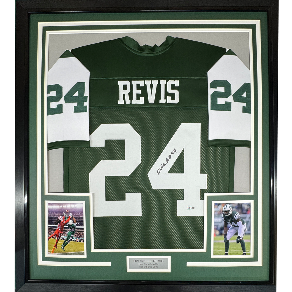 Framed Autographed/Signed Darrelle Revis 35x39 New York Green Football Jersey Beckett BAS COA