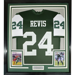 Framed Autographed/Signed Darrelle Revis 35x39 New York Green Football Jersey Beckett BAS COA