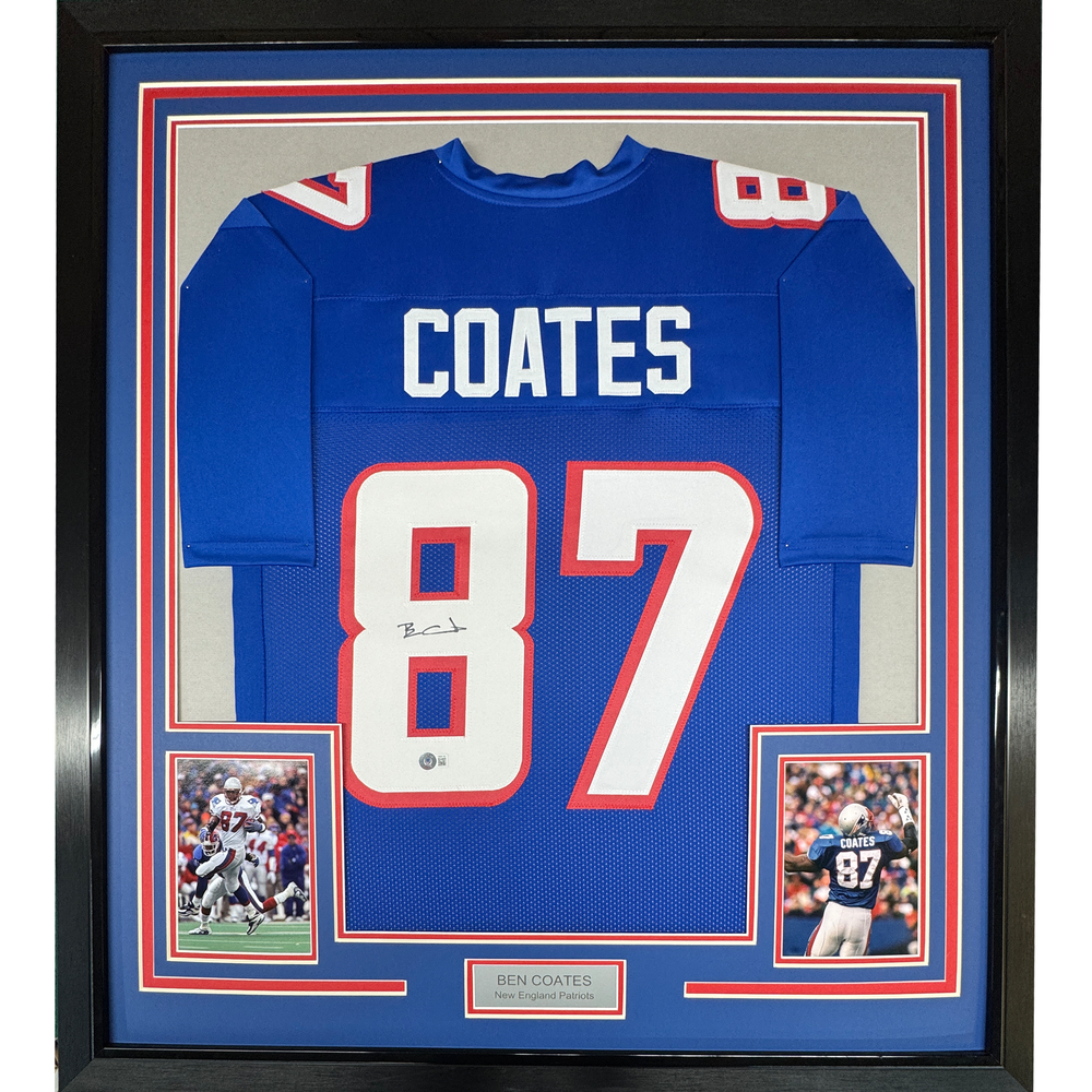 Framed Autographed/Signed Ben Coates 35x39 New England Blue Football Jersey Beckett BAS COA