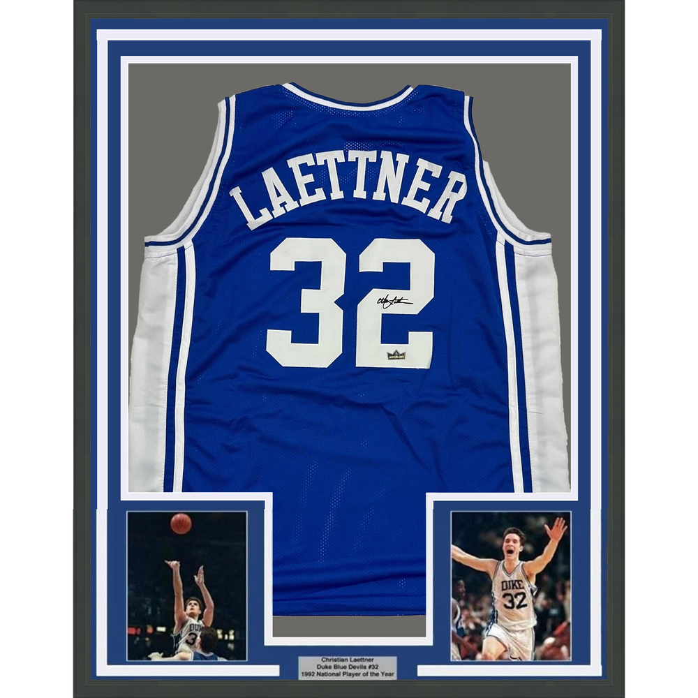Framed Facsimile Autographed Christian Laettner 35x39 Duke Blue Reprint Laser Auto College Basketball Jersey (ONLINE ORDER ONLY)