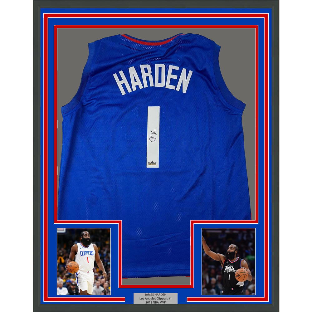 Framed Facsimile Autographed James Harden 35x39 Los Angeles LA Blue Reprint Laser Auto Basketball Jersey (ONLINE ORDER ONLY)