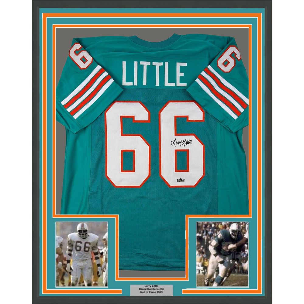 Framed Facsimile Autographed Larry Little 35x39 Miami Teal Reprint Laser Auto Football Jersey (ONLINE ORDER ONLY)