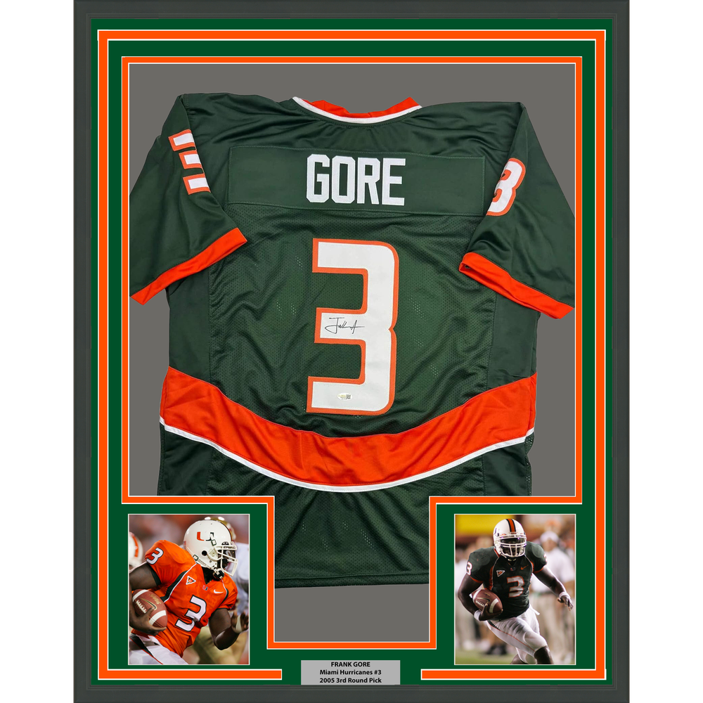 Framed Autographed/Signed Frank Gore 35x39 Miami Green Football Jersey JSA COA