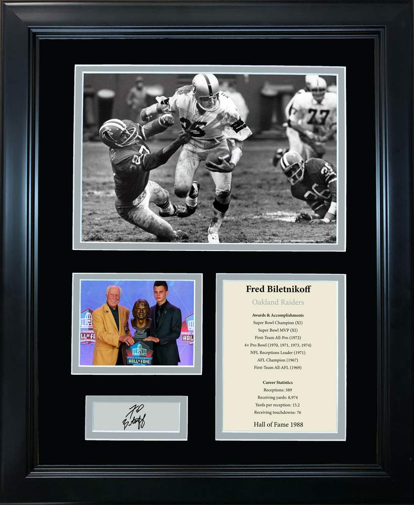 Framed Fred Biletnikoff Hall of Fame Facsimile Laser Engraved Signature Auto Oakland Las Vegas Raiders 11"x14" Football Photo Sig Collage (ONLINE ORDER ONLY)