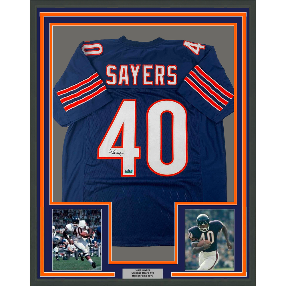 Framed Facsimile Autographed Gale Sayers 35x39 Chicago Blue Reprint Laser Auto Football Jersey (ONLINE ORDER ONLY)