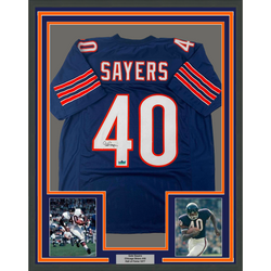 Framed Facsimile Autographed Gale Sayers 35x39 Chicago Blue Reprint Laser Auto Football Jersey (ONLINE ORDER ONLY)