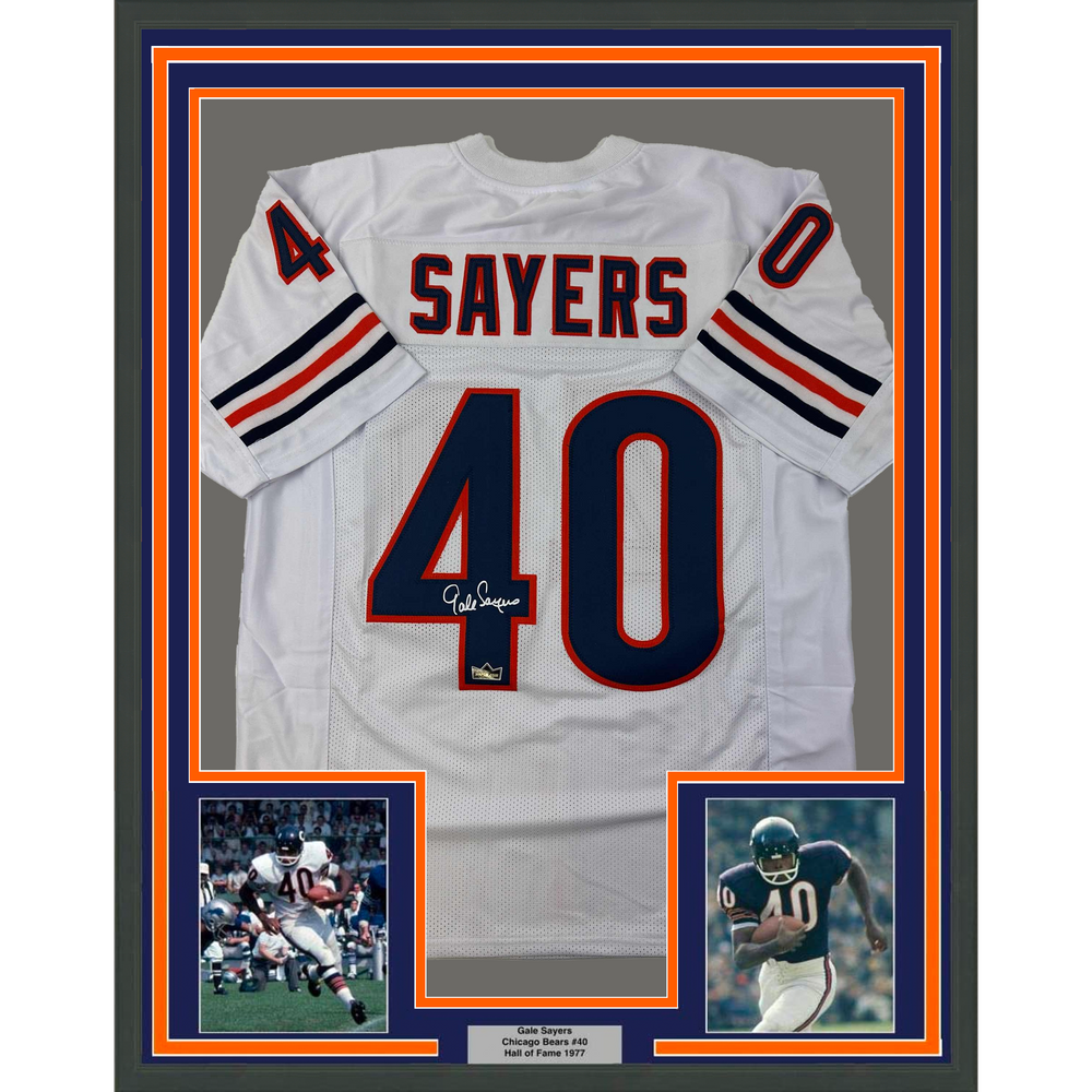 Framed Facsimile Autographed Gale Sayers 35x39 Chicago White Reprint Laser Auto Football Jersey (ONLINE ORDER ONLY)