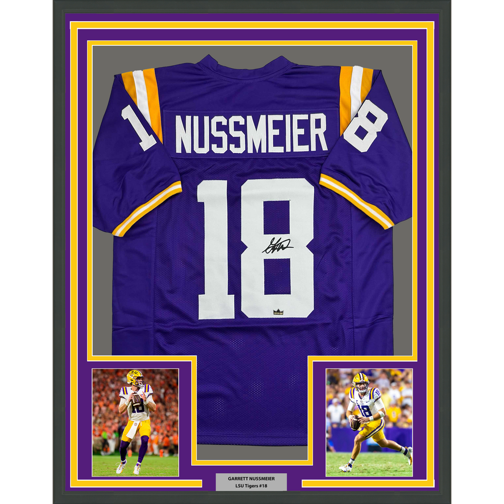 Framed Facsimile Autographed Garrett Nussmeier 35x39 LSU Purple Reprint Laser Auto College Football Jersey (ONLINE ORDER ONLY)