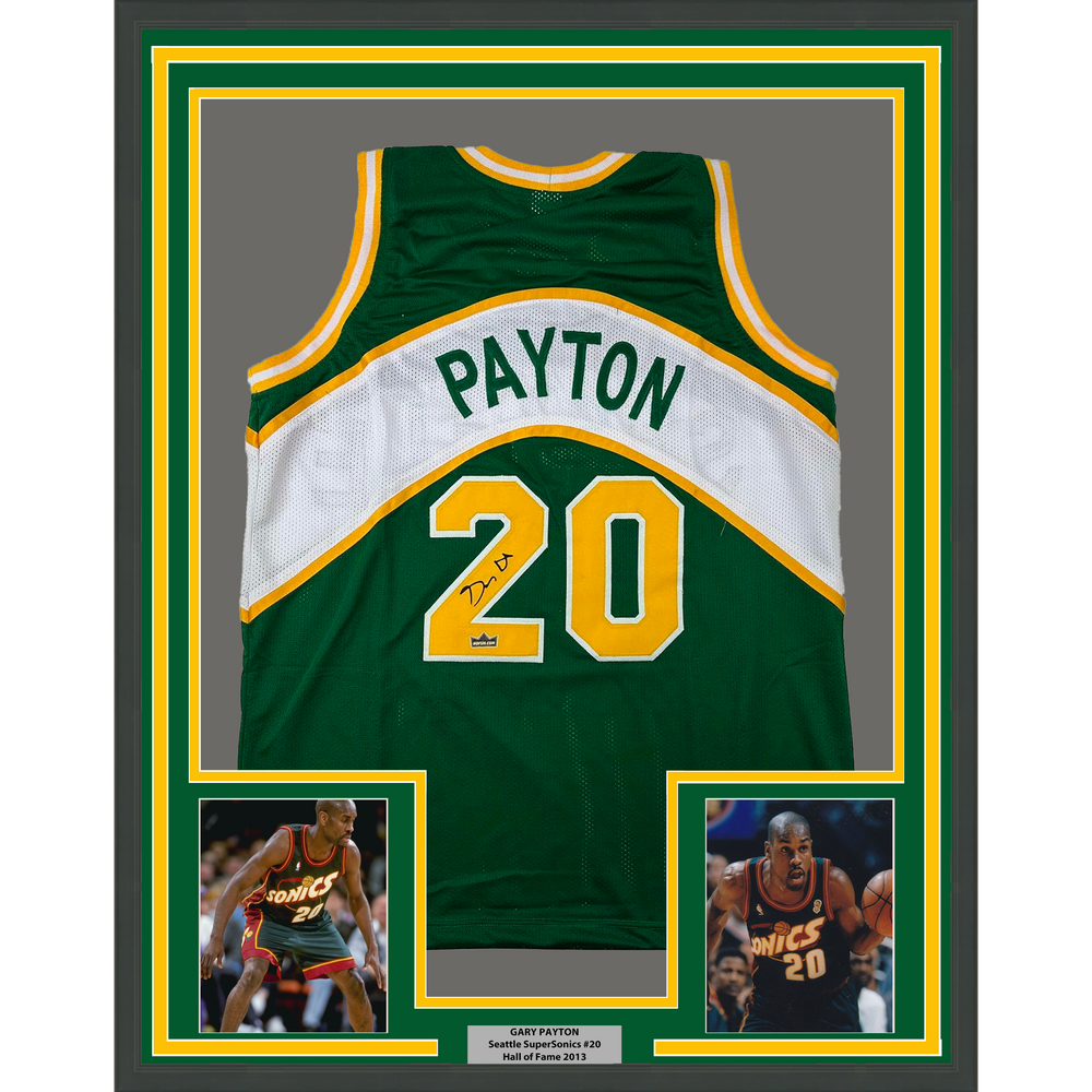 Framed Facsimile Autographed Gary Payton 35x39 Seattle Rookie Green Reprint Laser Auto Basketball Jersey (ONLINE ORDER ONLY)