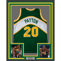 Framed Facsimile Autographed Gary Payton 35x39 Seattle Rookie Green Reprint Laser Auto Basketball Jersey (ONLINE ORDER ONLY)