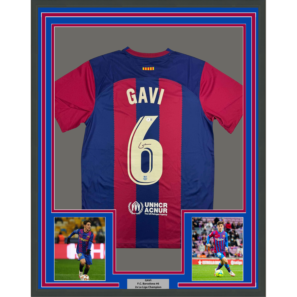 Framed Autographed/Signed Gavi 35x39 FC Barcelona Blue Soccer Jersey Beckett BAS COA