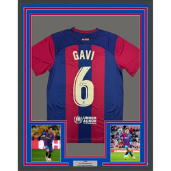 Framed Autographed/Signed Gavi 35x39 FC Barcelona Blue Soccer Jersey Beckett BAS COA