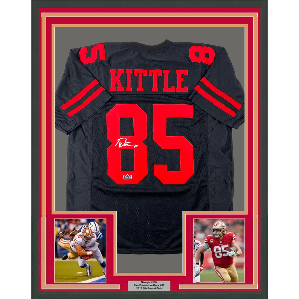 Framed Facsimile Autographed George Kittle 35x39 San Francisco Black Reprint Laser Auto Football Jersey (ONLINE ORDER ONLY)