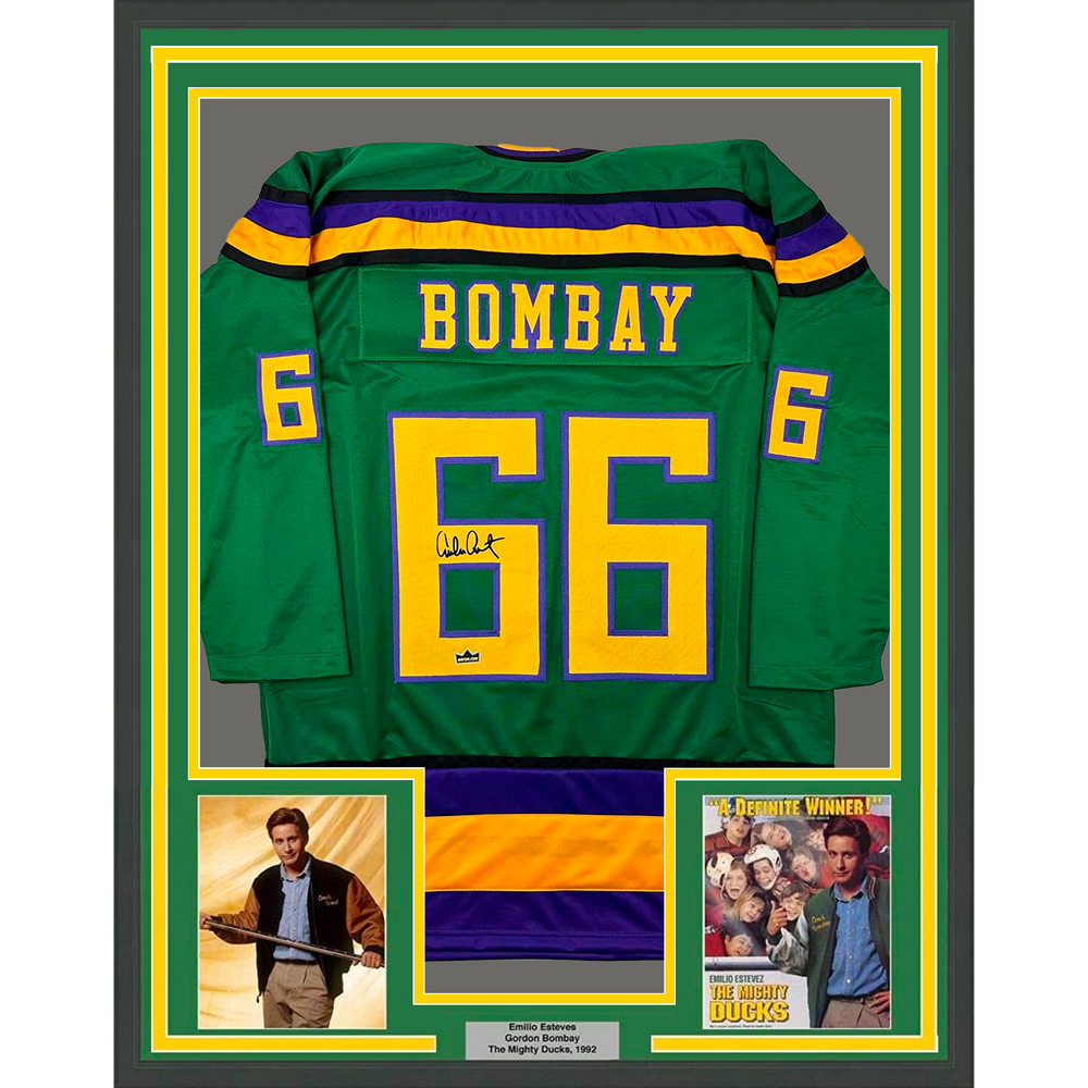 Framed Facsimile Autographed Emilio Estevez Gordon Bombay 35x39 Green Reprint Laser Auto Hockey Jersey (ONLINE ORDER ONLY)