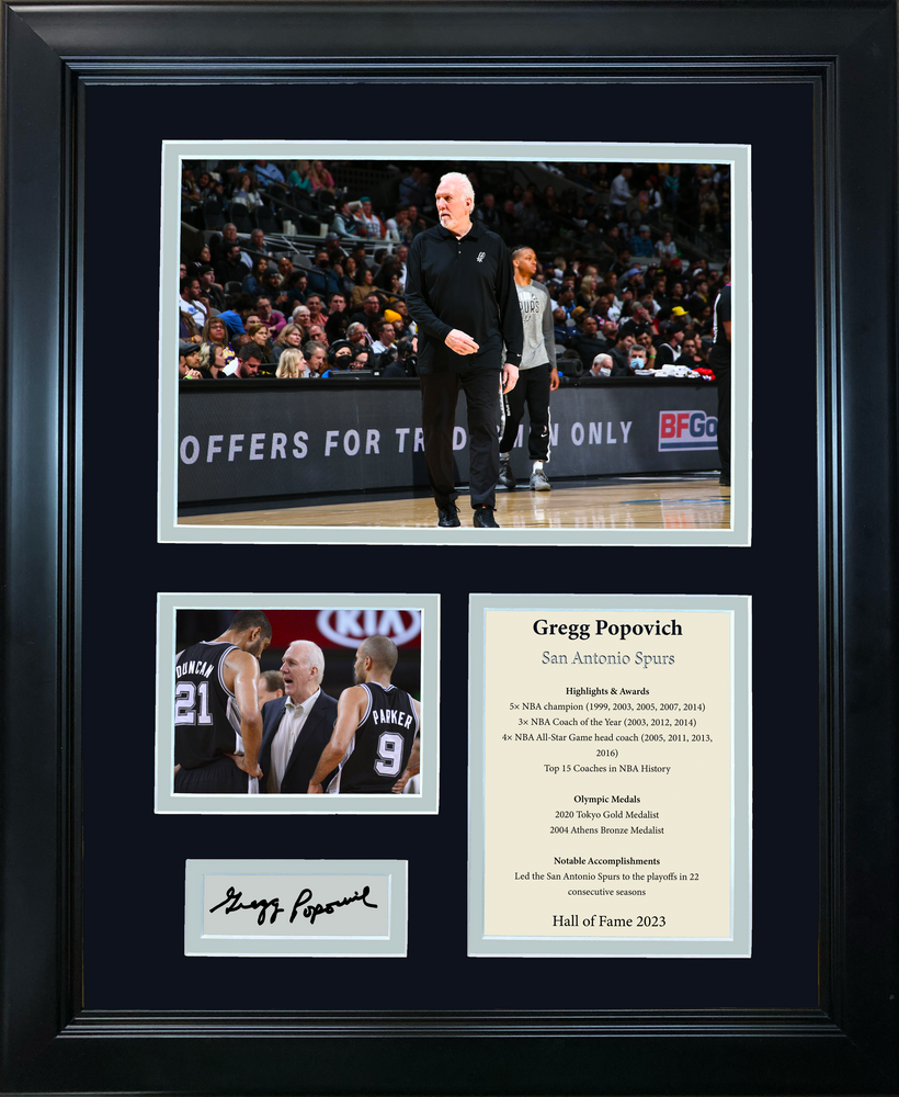 Framed Gregg Popovich Hall of Fame Facsimile Laser Engraved Signature Auto Basketball San Antonio Spurs 11"x14" Photo Sig Collage (ONLINE ORDER ONLY)