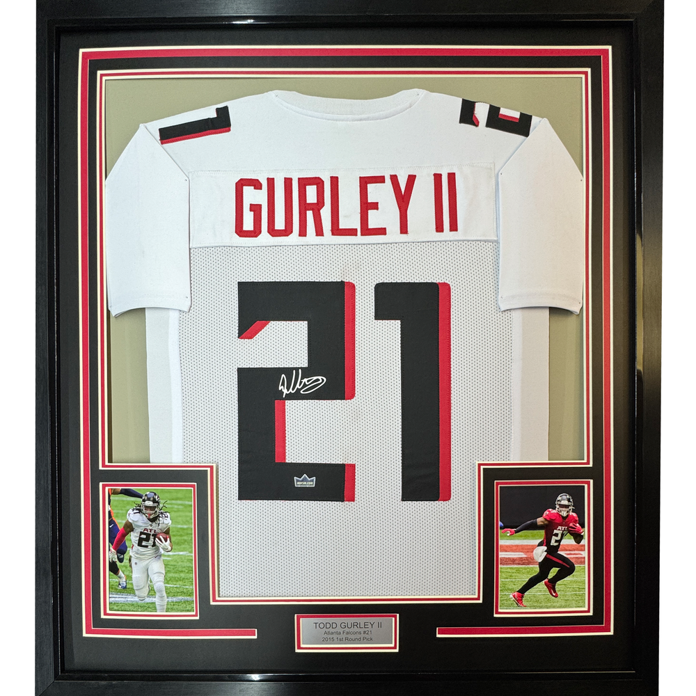 Framed Facsimile Autographed Todd Gurley II 35x39 Atlanta White Reprint Laser Auto Football Jersey (ONLINE ORDER ONLY)