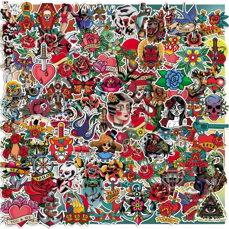 Colorful Retro Tattoo Stickers for Skateboard, Laptop, Guitar, Car, Graffiti, DIY (10/30/50/100PCS) (Online Order Only)