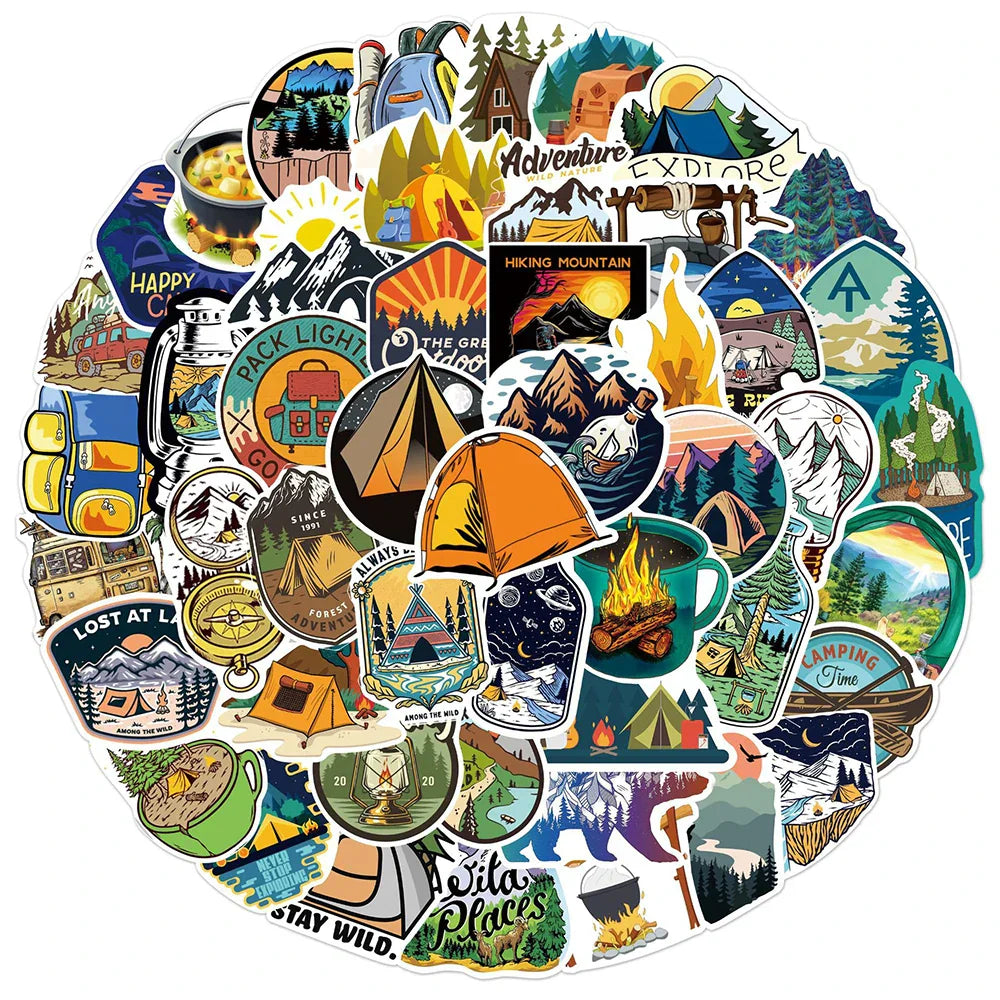 Camping Outdoor Waterproof Stickers Decals for Phone, Bicycle, Suitcase, Laptop, Helmet, Car - 10/30/50pcs (Online Order Only)