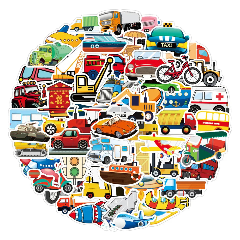 Cartoon Transportation Stickers for Kids - 10/30/50pcs for Notebook, Car, Bike, Laptop, Suitcase, Phone (Online Order Only)