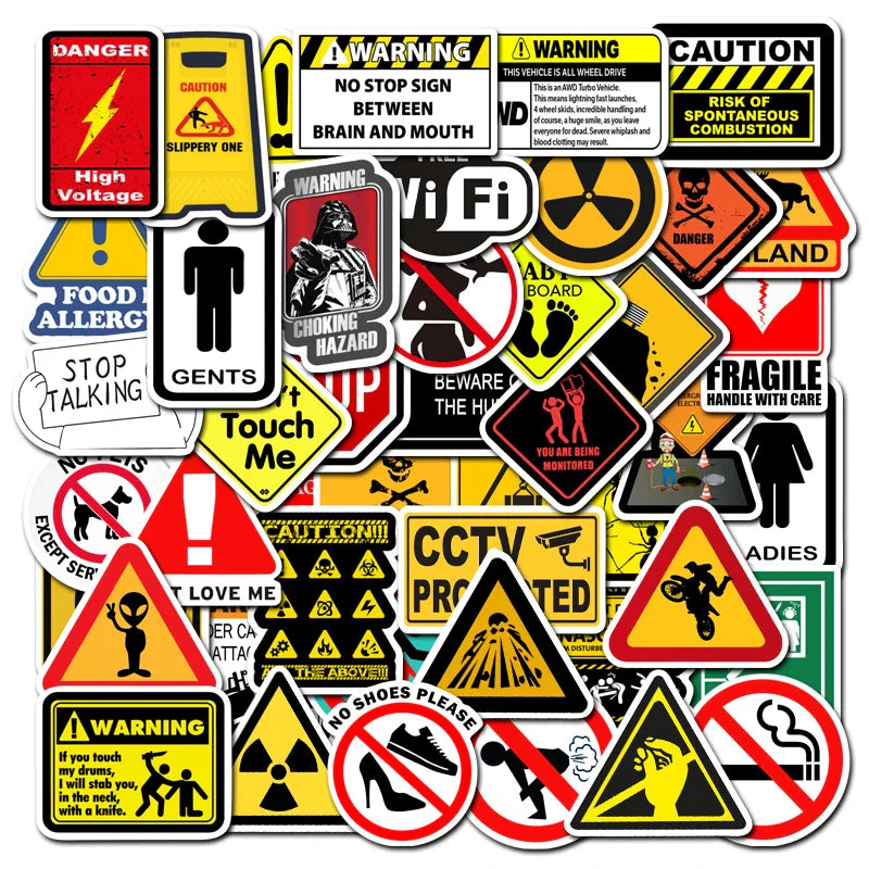 50PCS Warning Danger Stickers Decals for DIY Toys, Laptops, Luggage, Snowboards, Cars (ONLINE ORDER ONLY)
