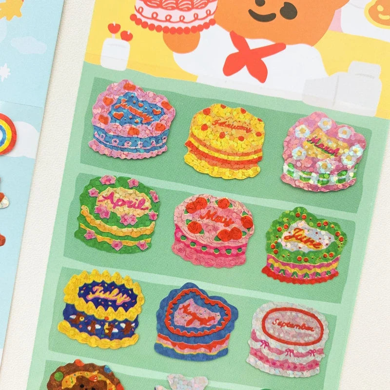 Ins Cute Cake Letter Bear Ribbon Laser Stickers Scrapbooking Decorative Sticker Korean DIY Diary Album Stick Label (Online Order Only)