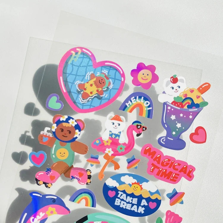 Ins Retro Cartoon Bear Laser Sticker Scrapbooking Decorative Sticker DIY Diary Album Stick Label Korean Kawaii Stationery (ONLINE ORDER ONLY)