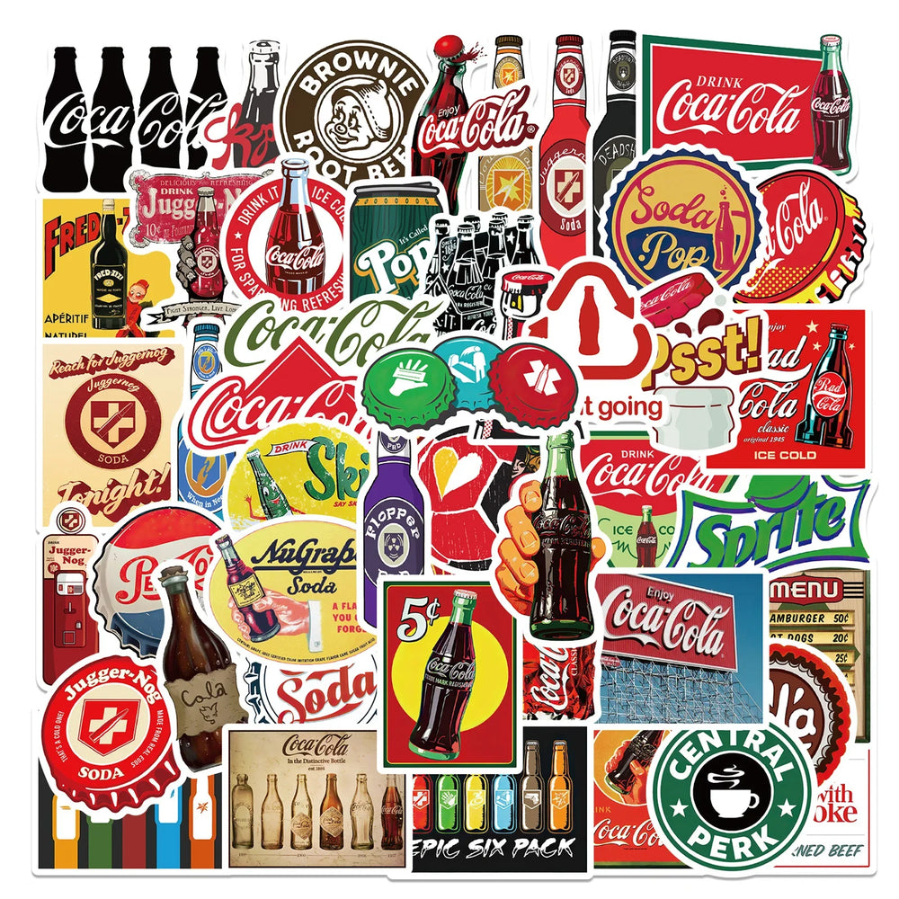 10/30/50Pcs Retro Cartoon Cola Bottle Stickers For Fans Laptop Graffiti Suitcase Waterproof Decoration Toy Decal (ONLINE ORDER ONLY)