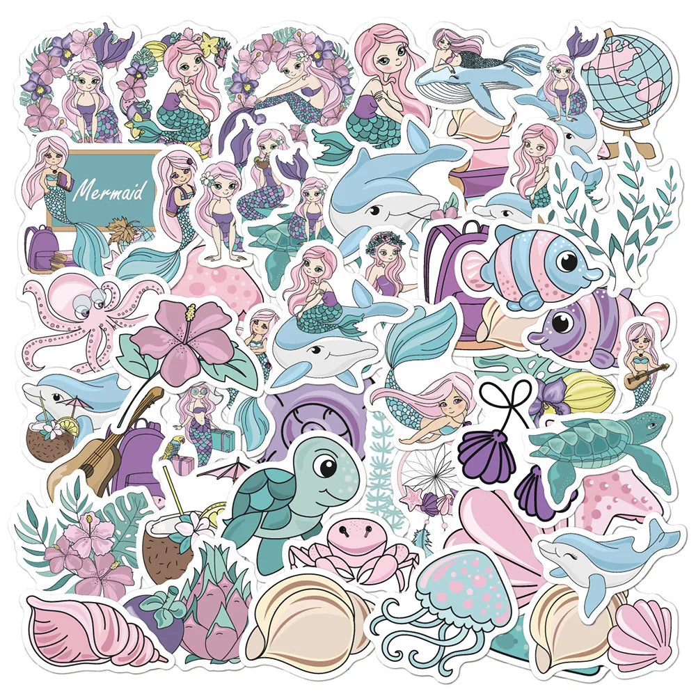 Mermaid Animal Stickers for Kids - 10/30/50PCS Cute Pink Purple Decals for Bike, Luggage, Laptop (Online Order Only)
