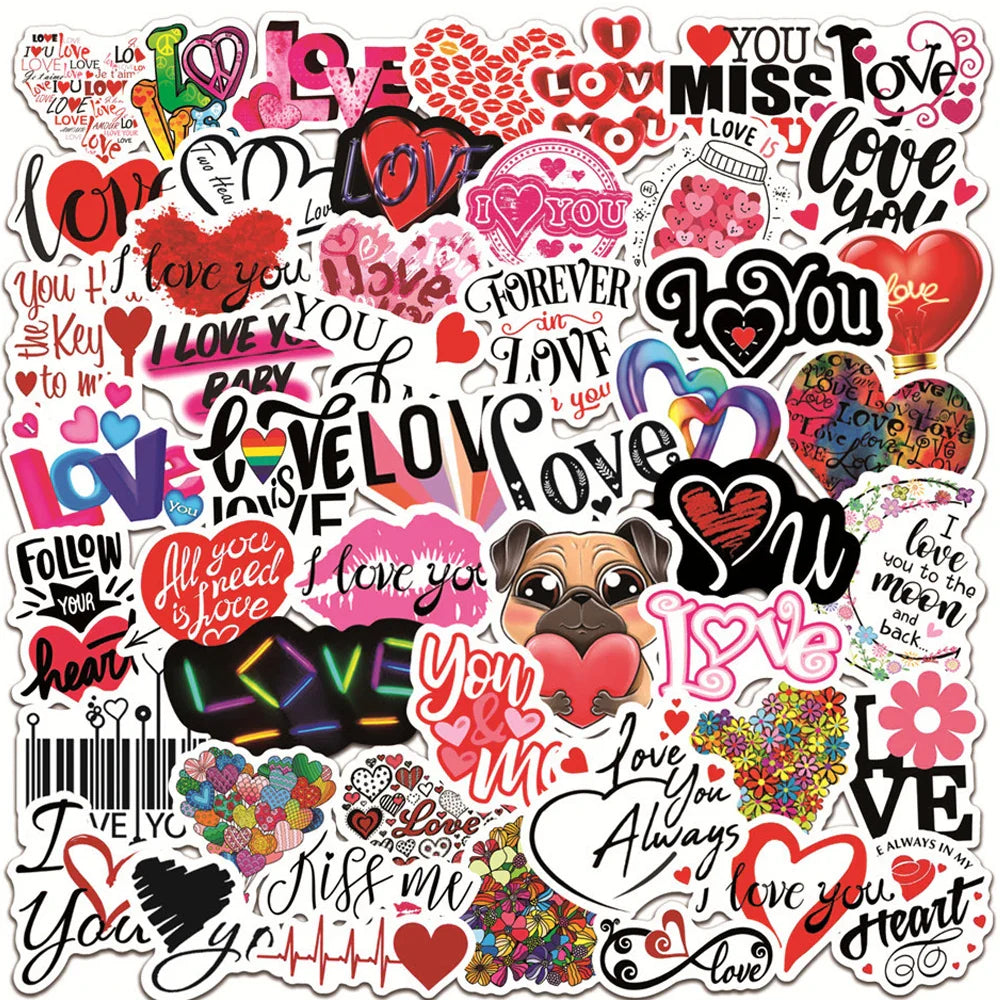 I Love You Heart Stickers 10/30/50PCS Waterproof Laptop Guitar Luggage Skateboard Decals (Online Order Only)