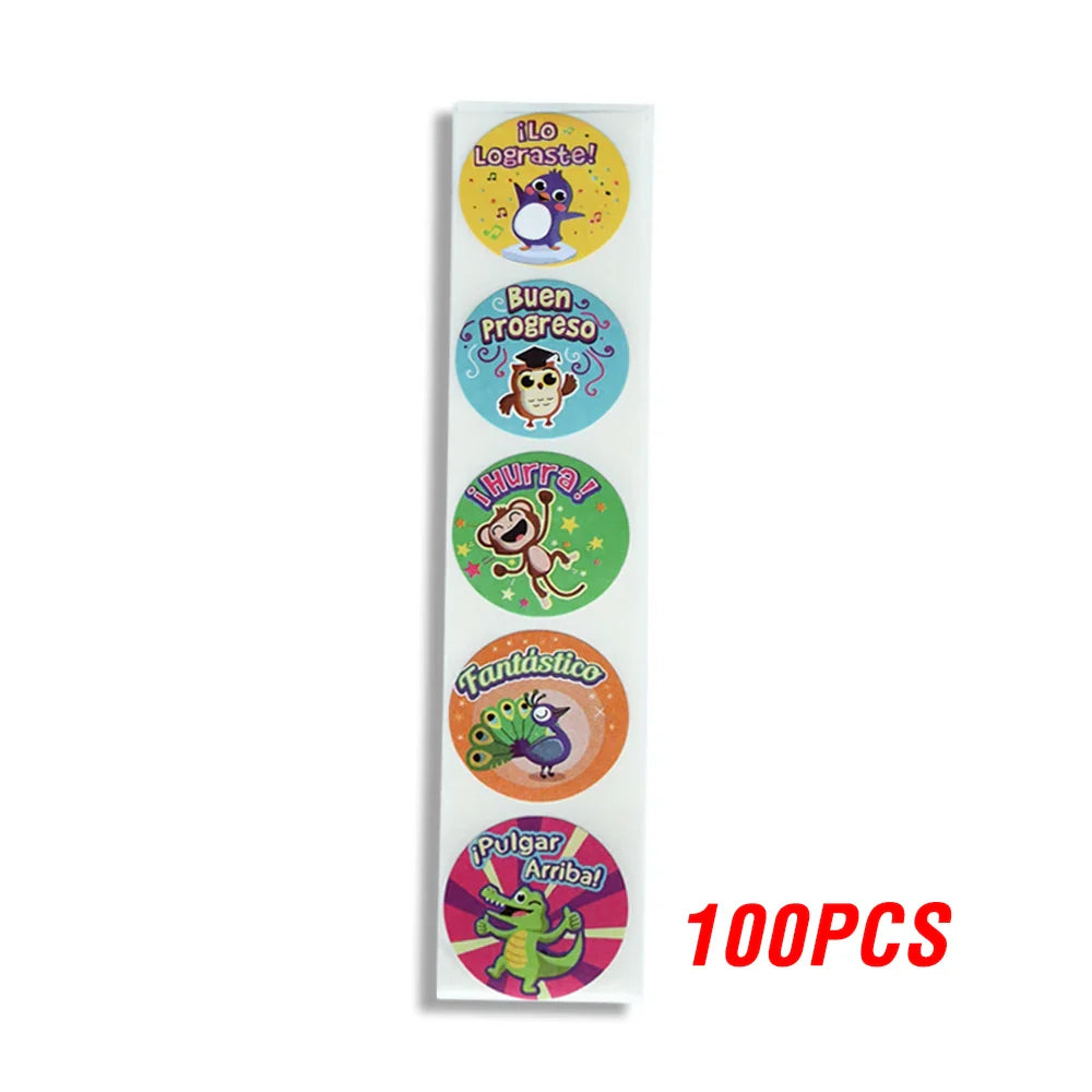 100-500pcs Spanish Reward Stickers Encouragement Sticker Roll For Kids Motivational Stickers With Cute Animals For Students (ONLINE ORDER ONLY)