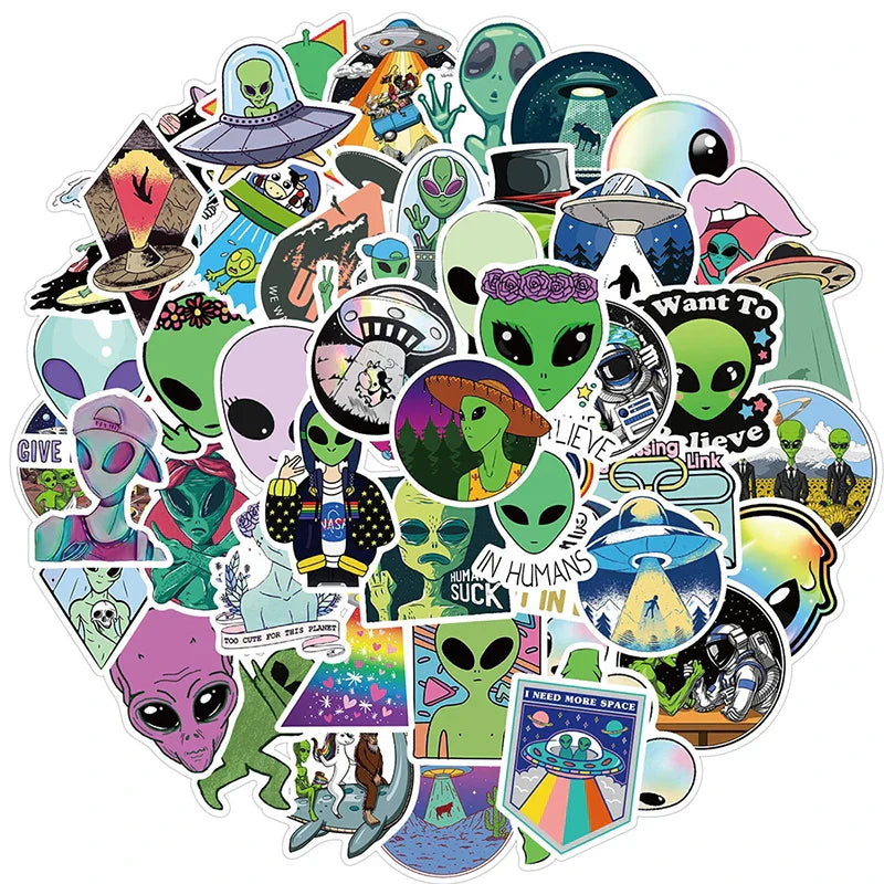 Aliens UFO Stickers Cartoon Decals for Skateboard, Fridge, Guitar, Laptop, Phone, Luggage, Kids - 10/30/50pcs (Online Order Only)