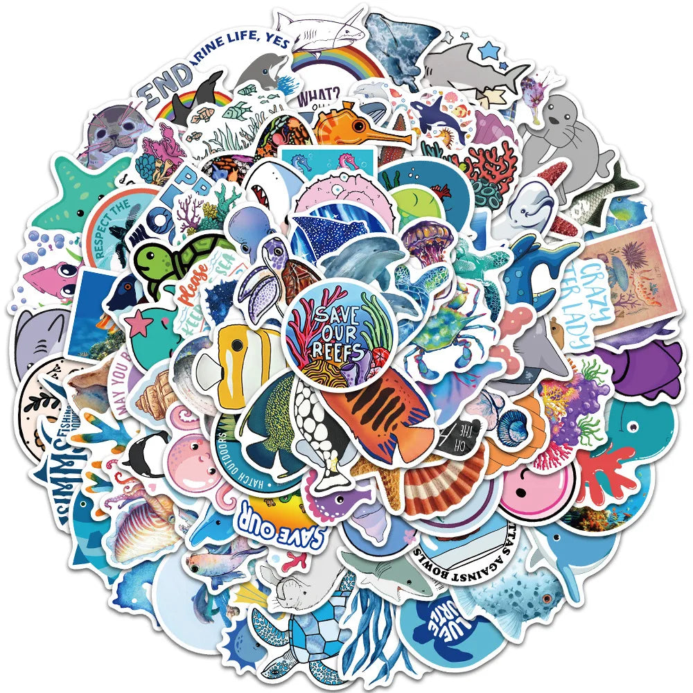 10/50/100PCS Sea Fishes Animal Stickers Ocean World Plants Coral Jellyfish Cute Cartoon Waterproof Sticker Scrapbook Decals (Online Order Only)