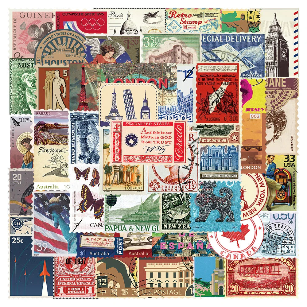 50pcs Vintage Travel Stickers Waterproof Luggage Laptop Motorcycle Skateboard Decals (Online Order Only)