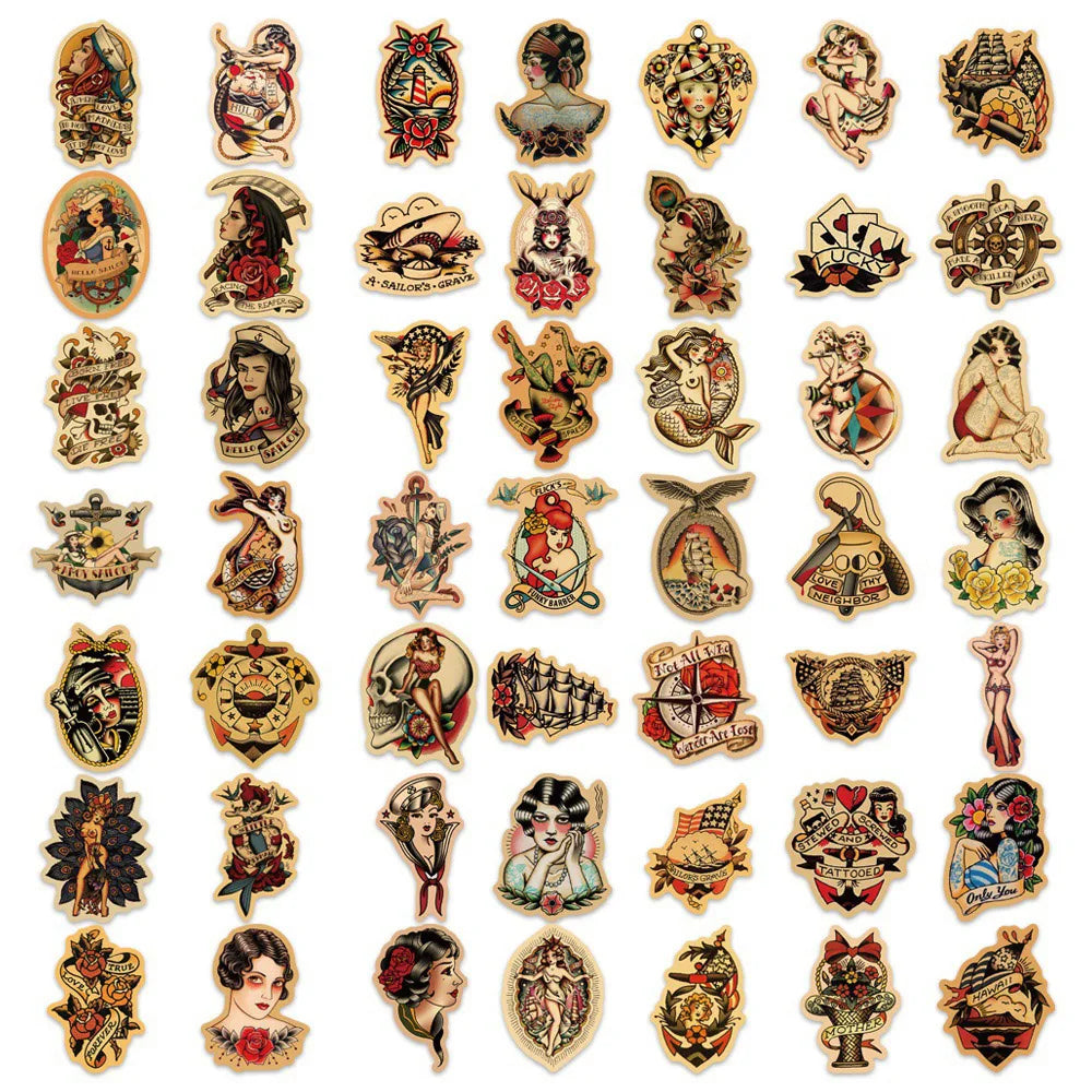 10/30/50/100pcs Retro Old School Tattoo Style Stickers  Skateboard Car Phone Bike Laptop Luggage Sexy Girl Waterproof Sticker (ONLINE ORDER ONLY)