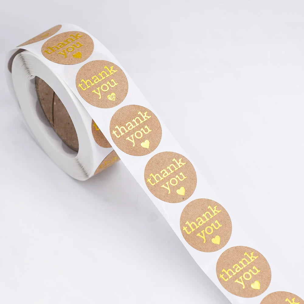 Round Thank You Stickers With Heart 1inch 100-500pcs Gold Foil Label Stickers Gift Packaging Seals Kraft Stationery Sticker (ONLINE ORDER ONLY)