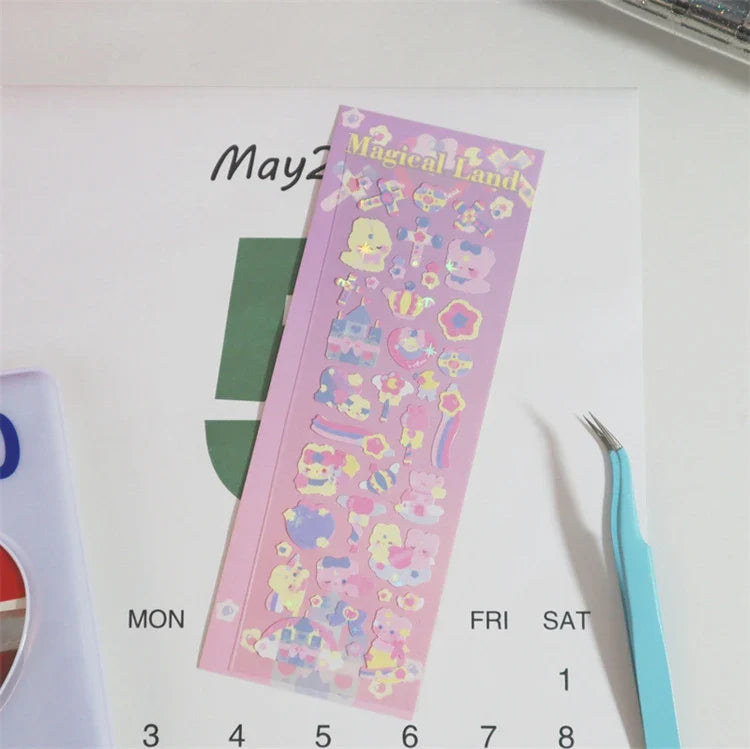 Cute ins Bear Rabbit Laser Sticker Scrapbooking Decorative Sticker Korean Hand Account DIY Diary Album Stick Label Stationery (Online Order Only)