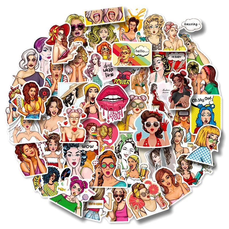 Retro Pop Art Girl Stickers - 10/30/50pcs for Car, Guitar, Motorcycle, Luggage, Phone, Bike, Suitcase, DIY Toy (Online Order Only)