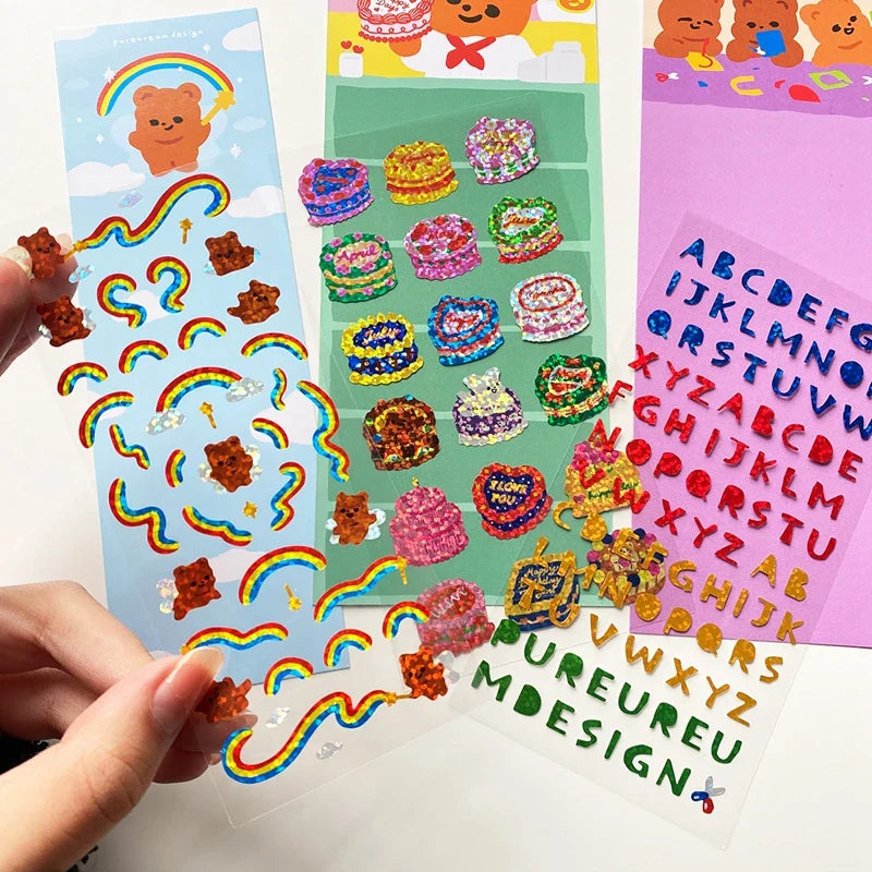 Ins Cute Cake Letter Bear Ribbon Laser Stickers Scrapbooking Decorative Sticker Korean DIY Diary Album Stick Label (Online Order Only)