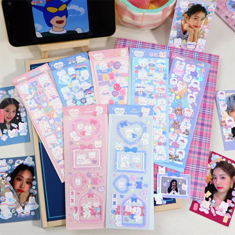 Korean Cute Animals Laser Stickers Photo Frame Decoration Idol Card Scrapbook Sticker Diary DIY Planner Stationery Stick Label (Online Order Only)