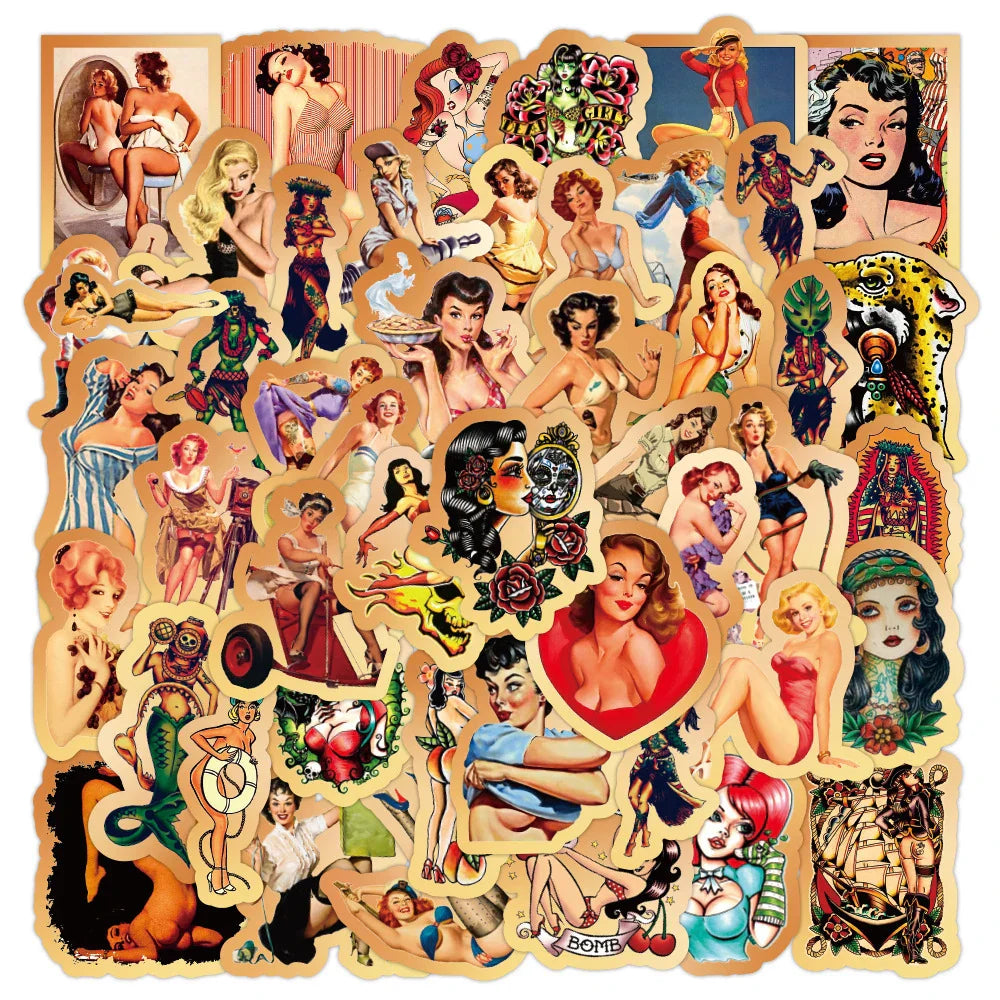 50PCS Retro Pin Up Girl Stickers Waterproof Skateboard Laptop Bike Decals (Online Order Only)