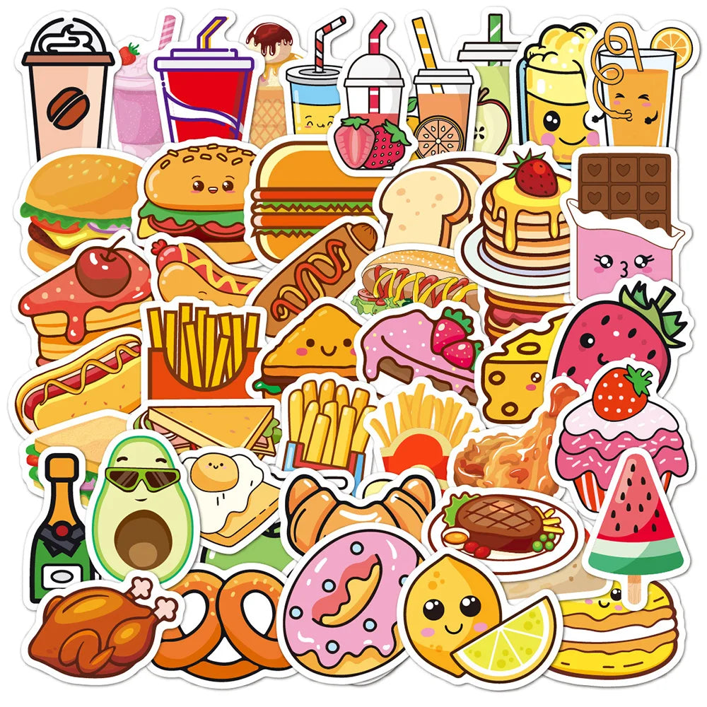 Cartoon Food Stickers: Hamburger, Drink, Cake, Fruit - Laptop, Luggage, Skateboard Decals (10/30/50PCS) (Online Order Only)