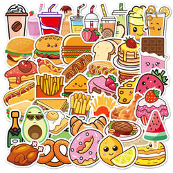 Cartoon Food Stickers: Hamburger, Drink, Cake, Fruit - Laptop, Luggage, Skateboard Decals (10/30/50PCS) (Online Order Only)