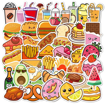 Cartoon Food Stickers: Hamburger, Drink, Cake, Fruit - Laptop, Luggage, Skateboard Decals (10/30/50PCS) (Online Order Only)