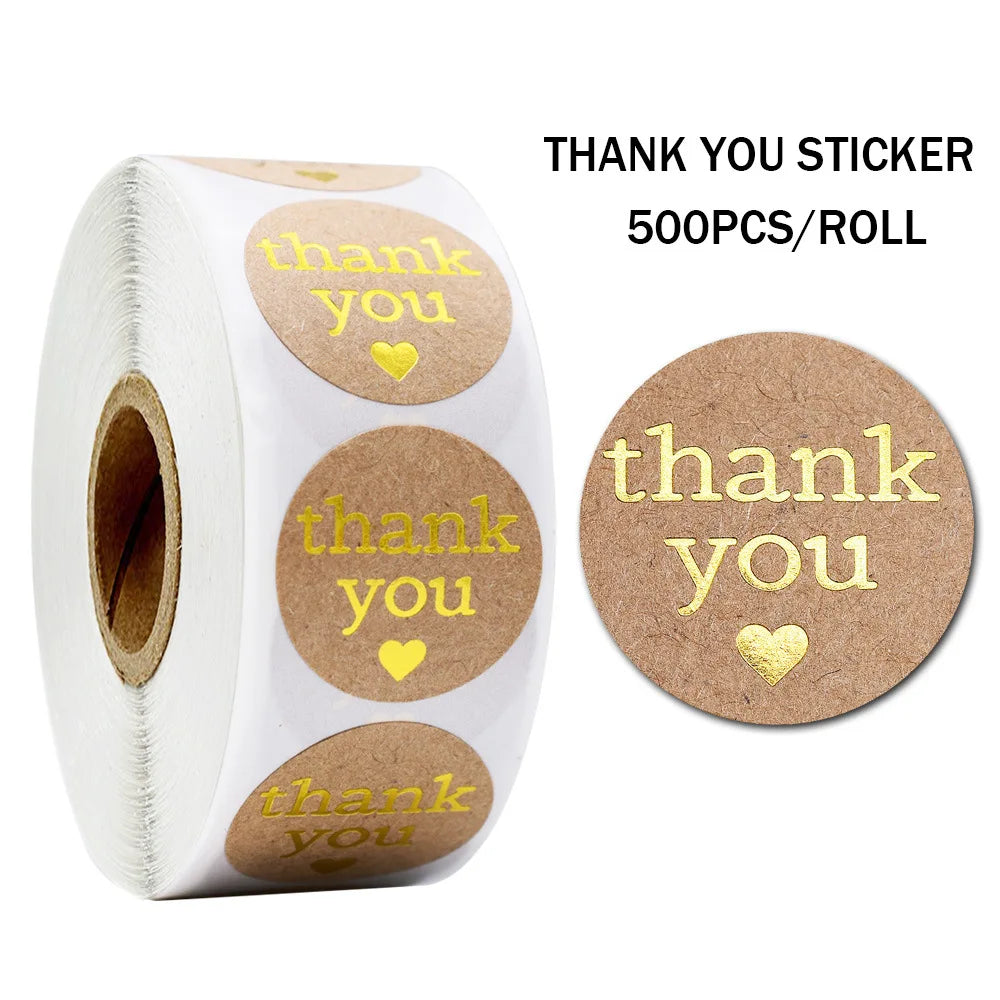 Round Thank You Stickers With Heart 1inch 100-500pcs Gold Foil Label Stickers Gift Packaging Seals Kraft Stationery Sticker (ONLINE ORDER ONLY)
