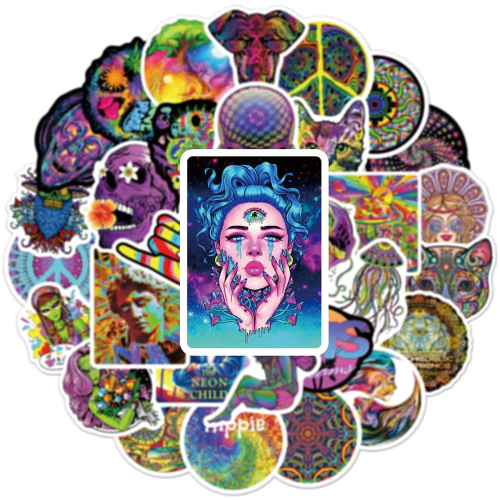 10/30/50PCS Psychedelic Cool Laser Style Fashion Street Art Graffiti Stickers Aesthetic Skateboard Laptop Sticker Decal Kid Toy (ONLINE ORDER ONLY)
